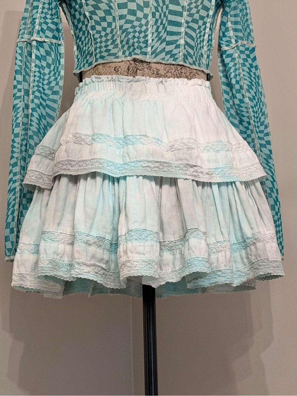 Turquoise Tie Dye Tiered Mini Skirt with Crochet Lace Trim